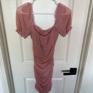 Baby Pink Ruched Mini Dress Off Shoulder